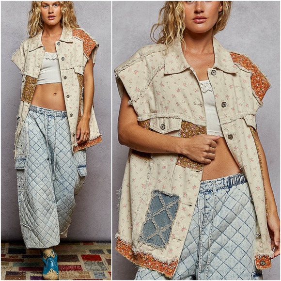 POL Natural Floral Print Denim Frayed Detail Sleeveless Vest - Picture 1 of 4